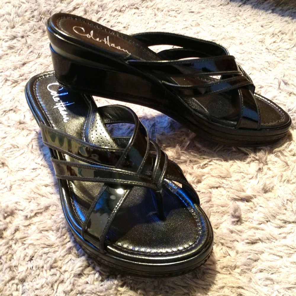 Black Wedge Sandal Size 6 Cole Haan Nike Air Soles. 2 inch heels.